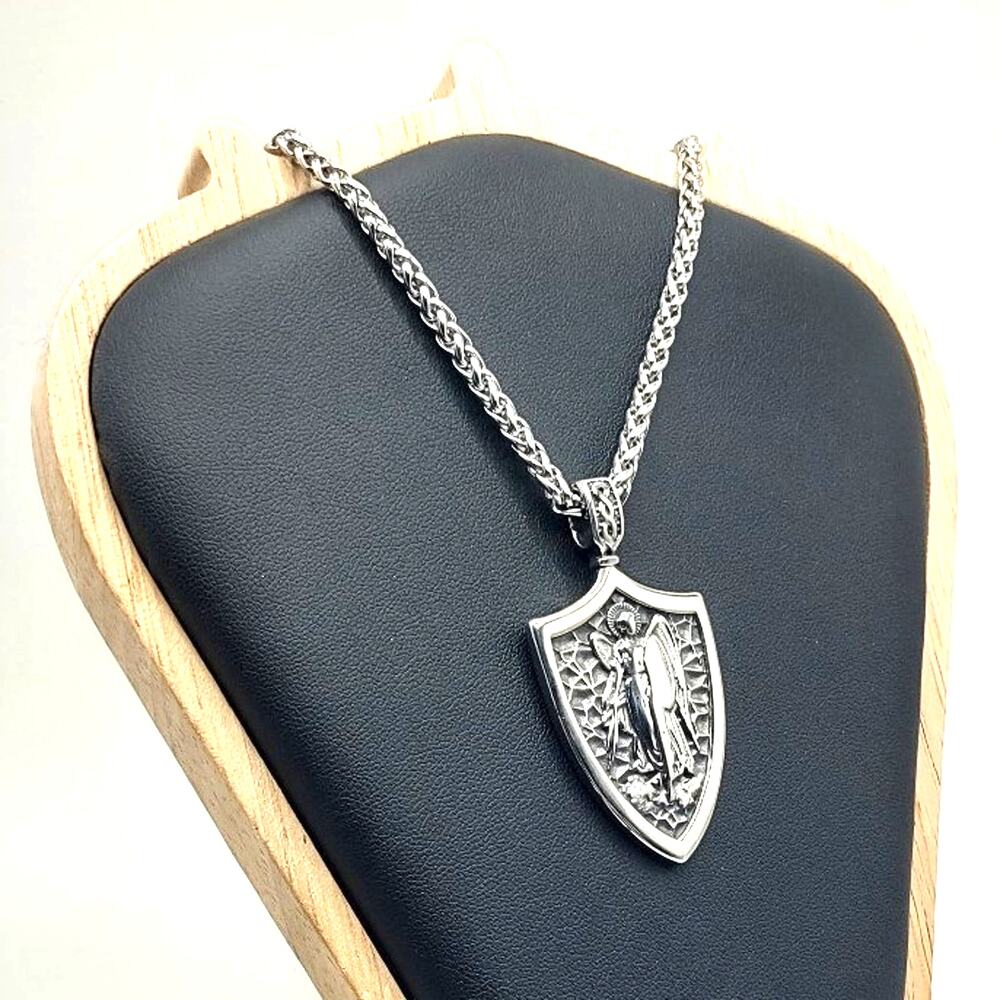 Stainless Steel Saint Archangel Michael Necklace Shield Pendant Valentines Gift